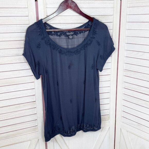 Lucky Brand Embroidered Sheer Chiffon Tee Shirt Navy Blue XS - Picture 7 of 11